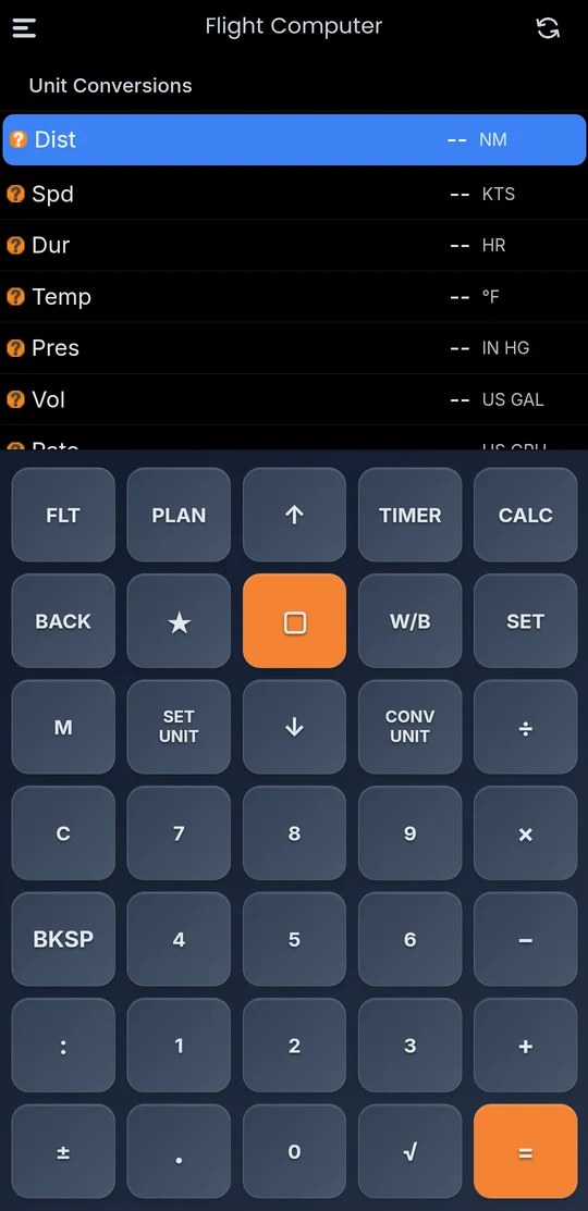 Unit Conversions screen