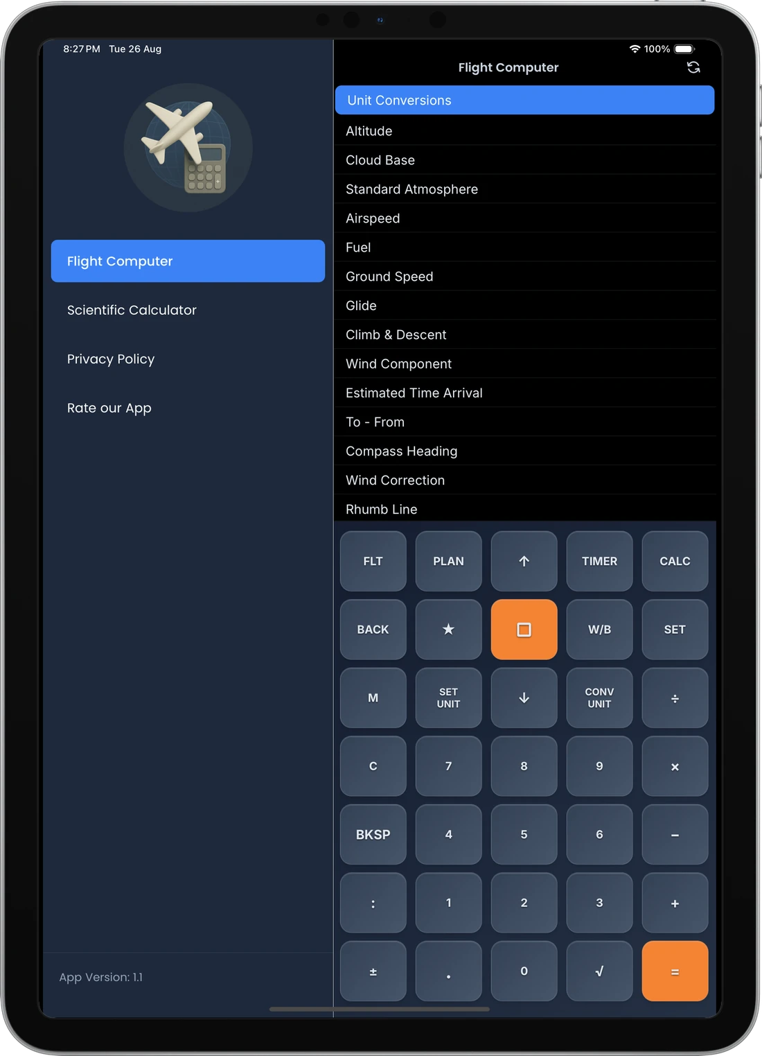 Flight Computer with side menu on iPad
